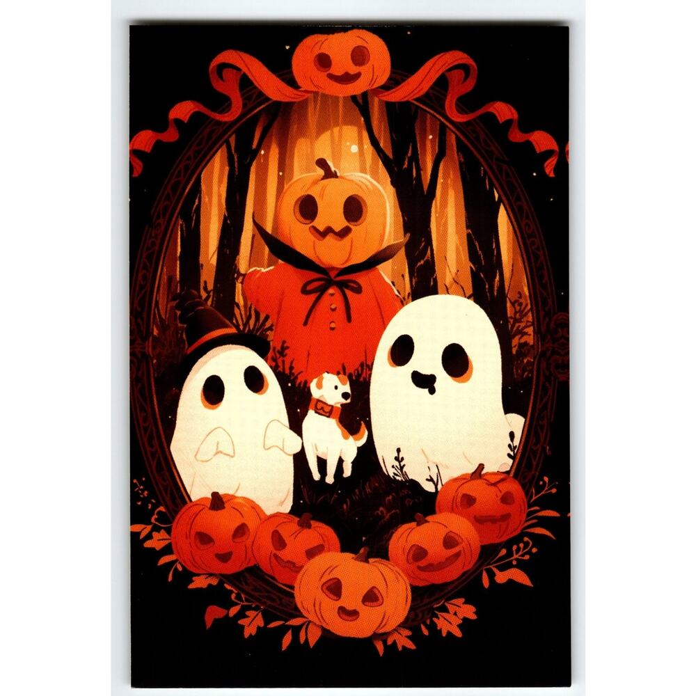 Vintage Halloween Pumpkin & Ghosts Illustrated Photochrome Postcard